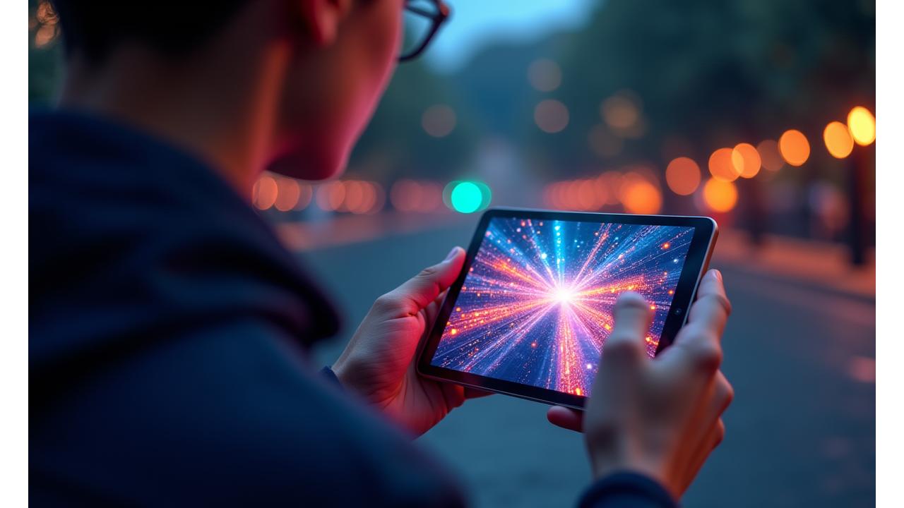 Elinde akıllı telefon tutan bir oyuncu, etrafında 5G ağının sembolleri ve hızlı veri akışı görselleştirmesi