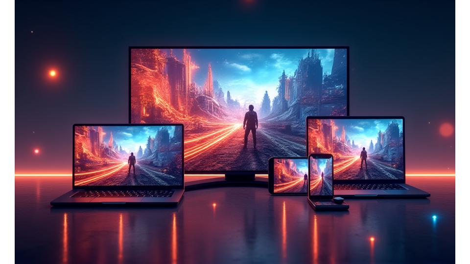 Birden fazla cihazda (tablet, telefon, bilgisayar, TV) aynı oyunun oynandığını gösteren, kesintisiz senkronizasyon vurgulu bir görsel