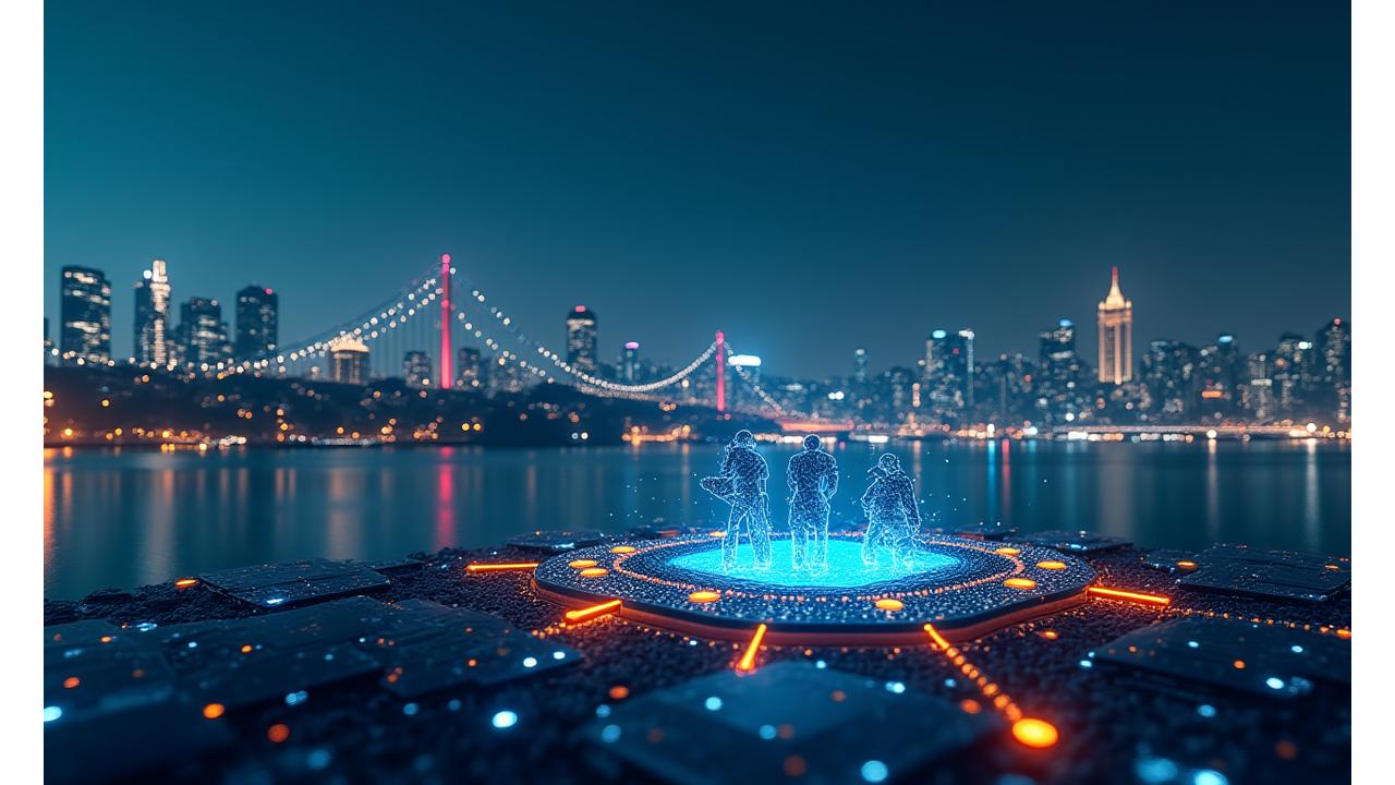 İstanbul silüeti üzerinde yükselen neonlu bilgisayar çipleri ve oyun karakterleri.