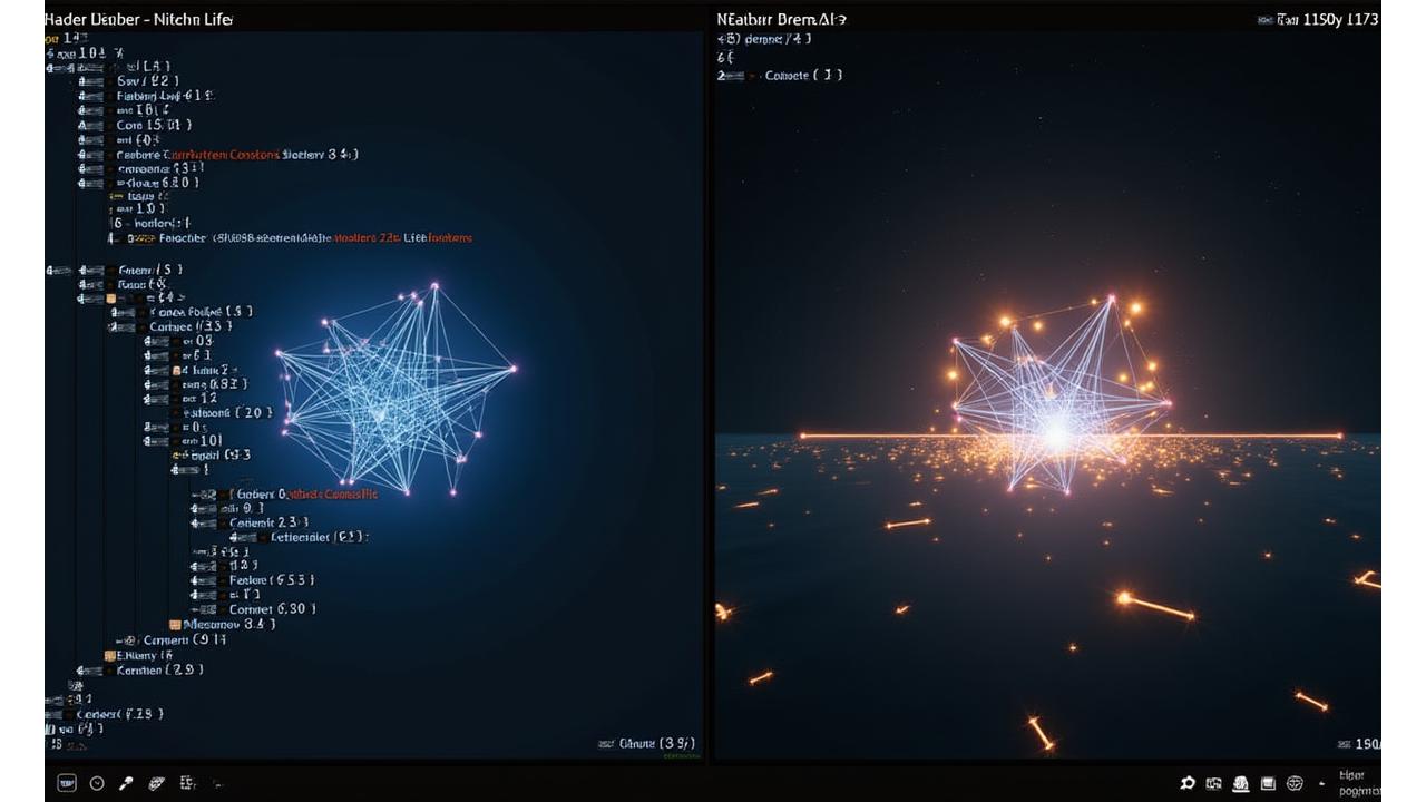 Karmaşık bir shader nod ağını gösteren bir ekran görüntüsü, arka planında bir oyun motorunda uygulanan büyüleyici bir görsel efektin canlı önizlemesi.