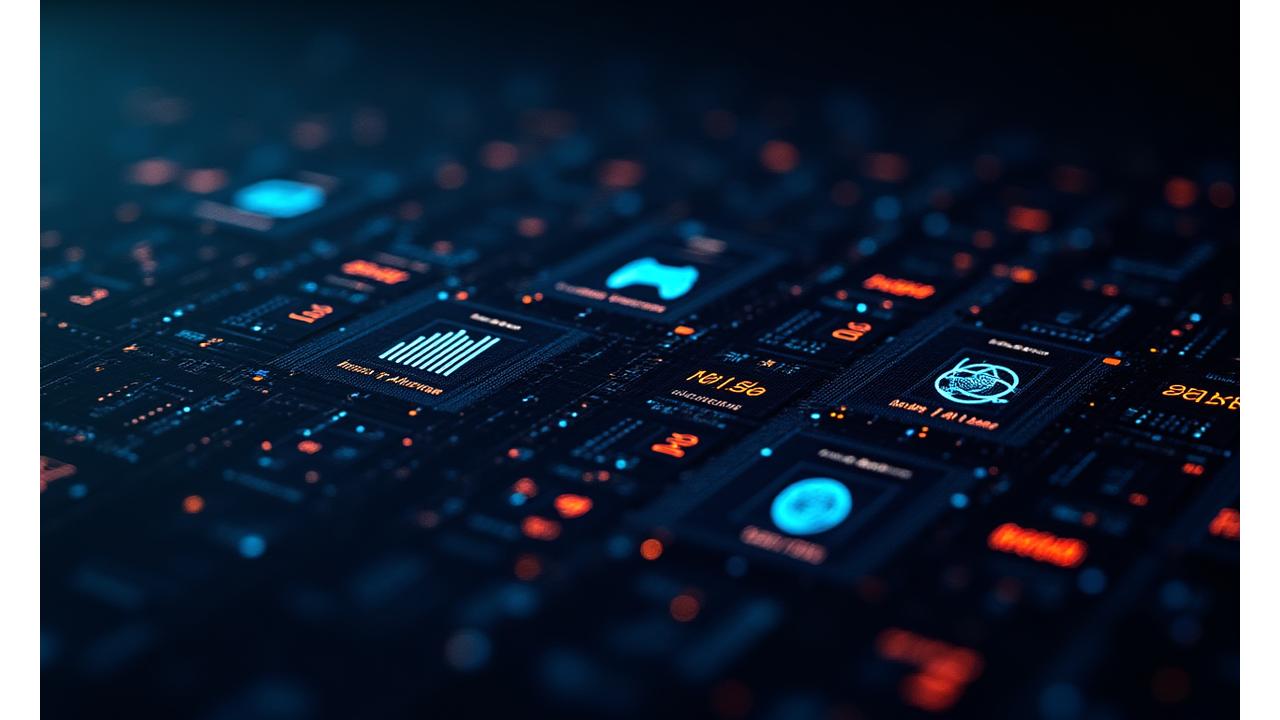 Farklı platform ikonlarının (mobil, konsol, PC, VR, web) bir matris halinde sunulduğu ve her birinin altında performans grafiklerinin ve teknik anahtar kelimelerin bulunduğu soyut bir dijital ekran.