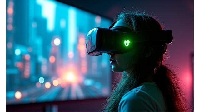 Bir oyuncu VR gözlüğü takmış, sanal dünyada bir aksiyon oyununu oynuyor