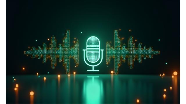 VR gözlük takan bir kişinin mikrofona konuşurken sanal ortamda ses dalgalarının gösterilmesi