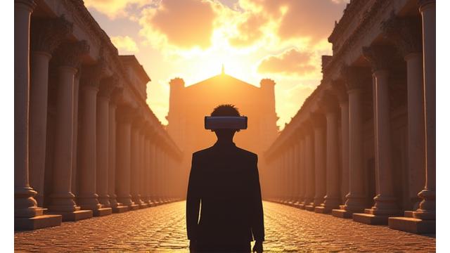 Sanal Antik Roma şehrinde gezen bir kişi VR gözlüğüyle.