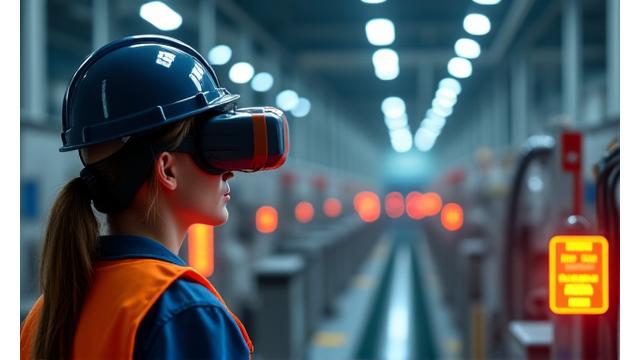 VR ortamında bir fabrikada güvenlik yönergelerini öğrenen işçi.
